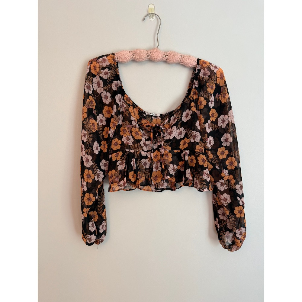 Y2K Floral Crop Top Women Large  Boho Tie Front